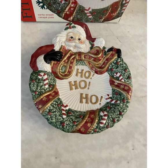 Fitz and Floyd Santa Wreath Canape Plate Appetizer Christmas Holiday Party Ho Ho - Picture 2 of 6